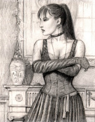 By the Mirror
Drawing on card by Gordon Napier www.dashinvaine.co.uk
Keywords: goth gothic woman girl corset vampire mirror decadence lady tattooed beauty 